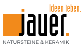 © Jauer Natursteine Jauer Natursteine & Keramik Logo mit orangem Quadrat und schwarzer Schrift.